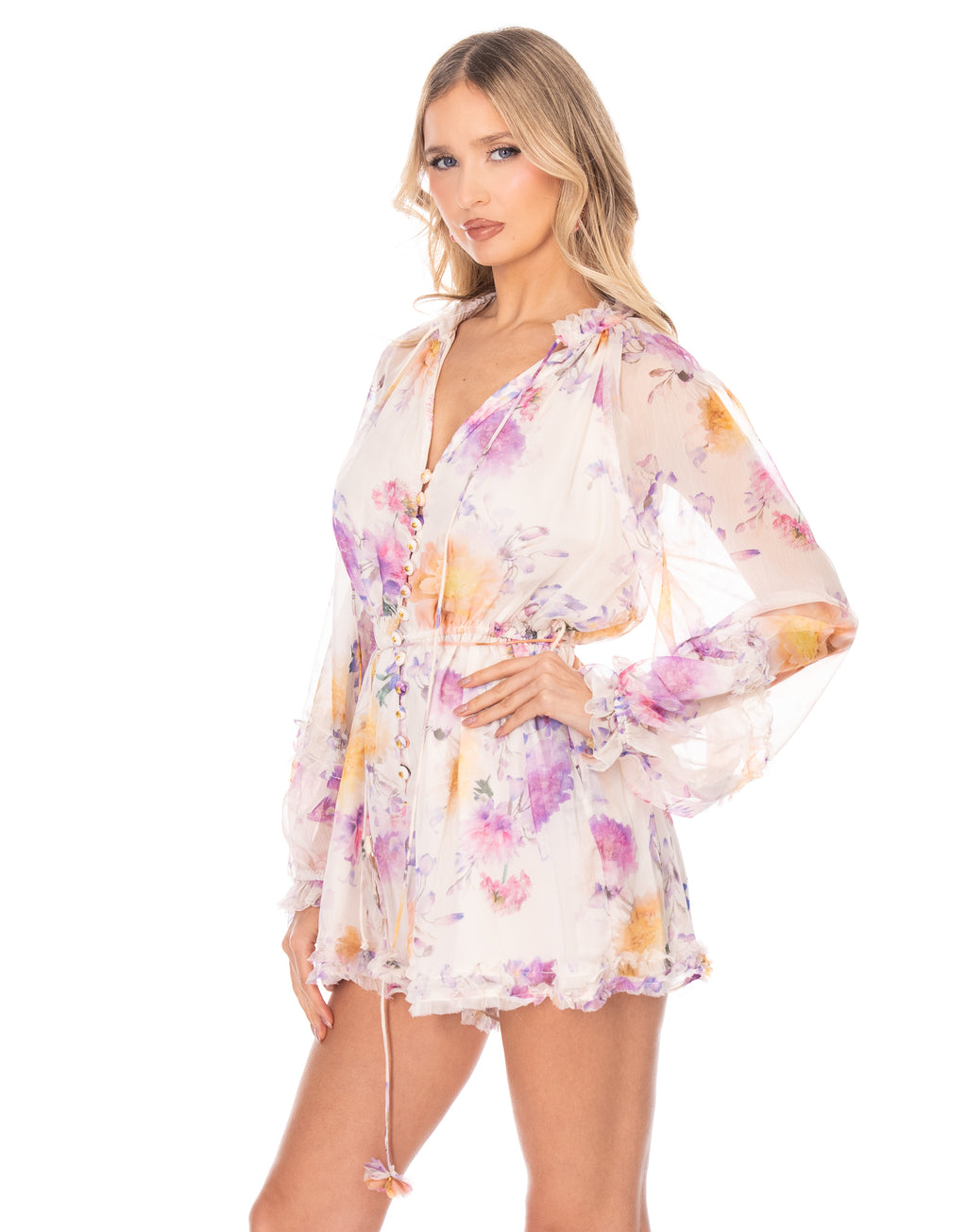 Floral Chiffon Long Sleeve Romper - Beige