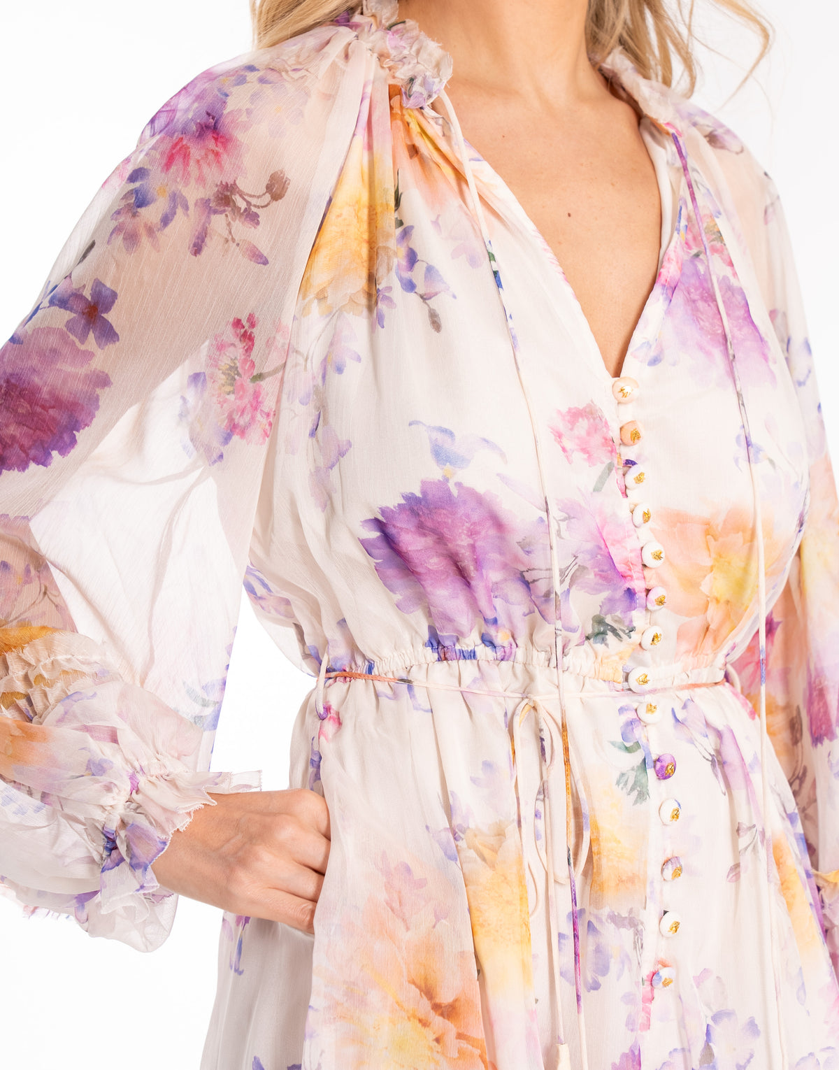 Floral Chiffon Long Sleeve Romper - Beige