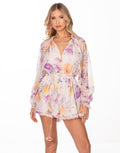Floral Chiffon Long Sleeve Romper - Beige