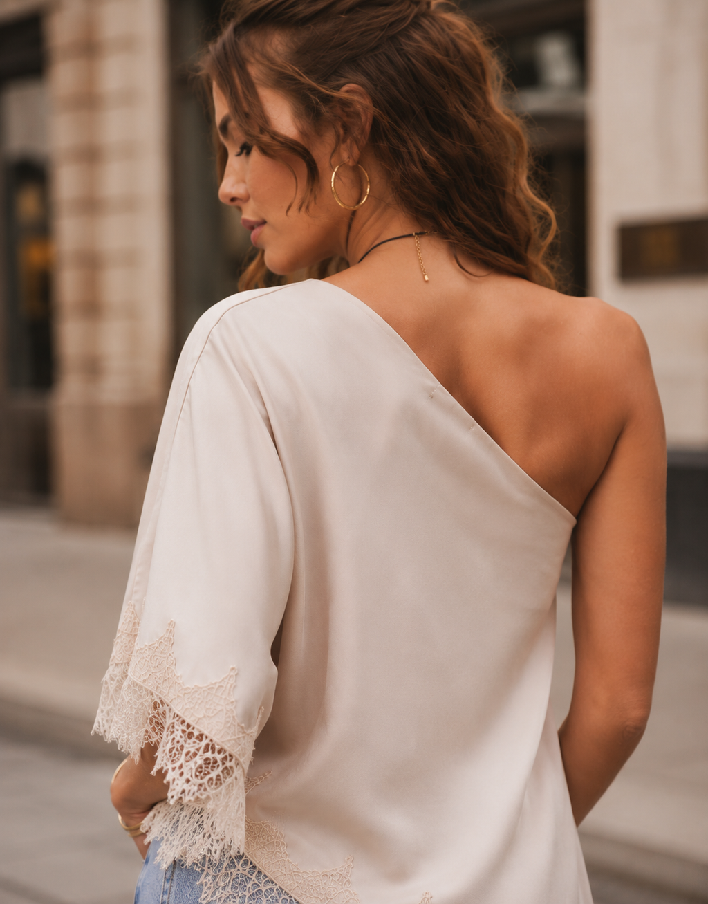 Asymmetric Lace-Trim Tank - Beige