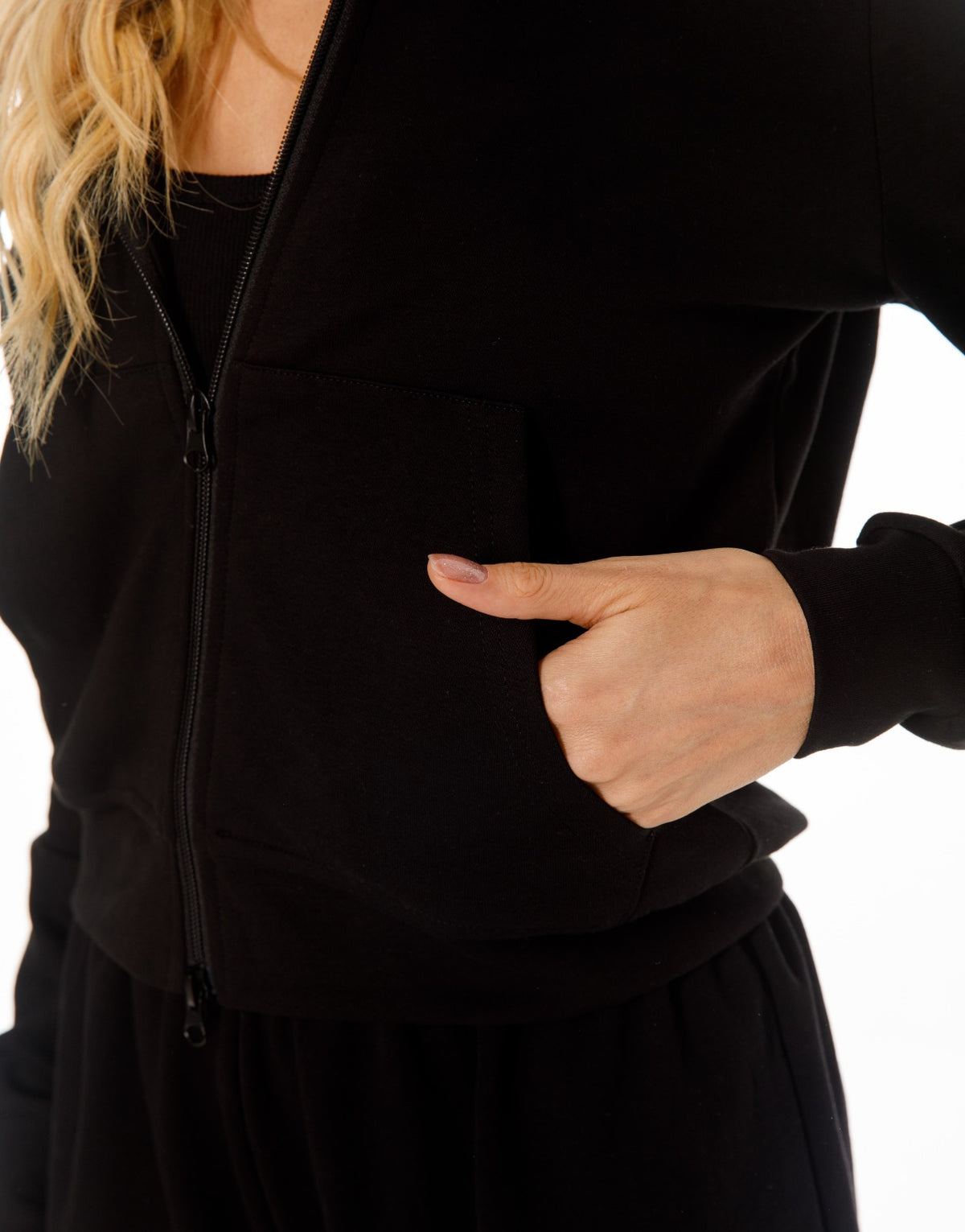 Hooded Zip Jacket and Lace Trim Shorts Set - Black