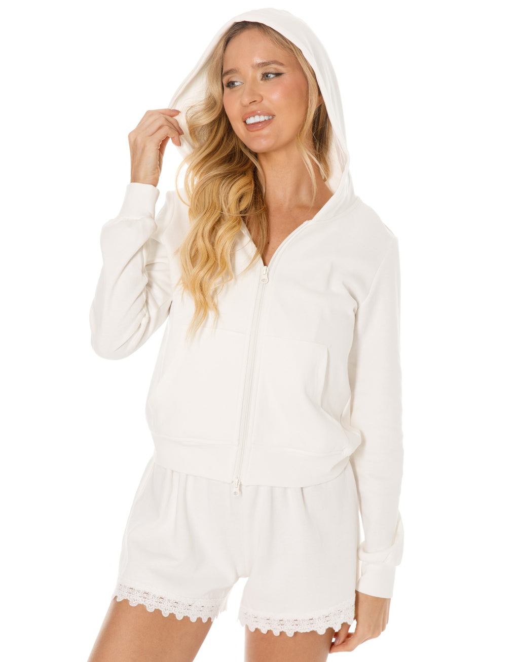 Hooded Zip Jacket and Lace Trim Shorts Set - White