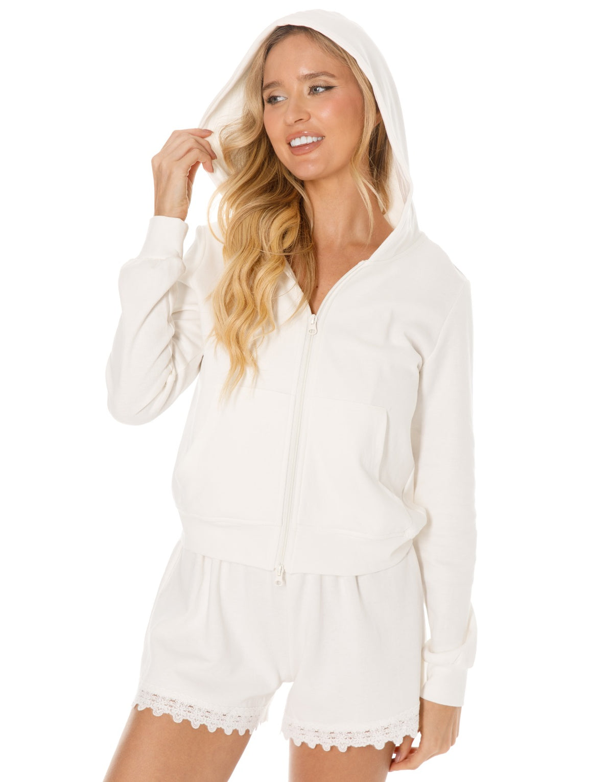 Hooded Zip Jacket and Lace Trim Shorts Set - White