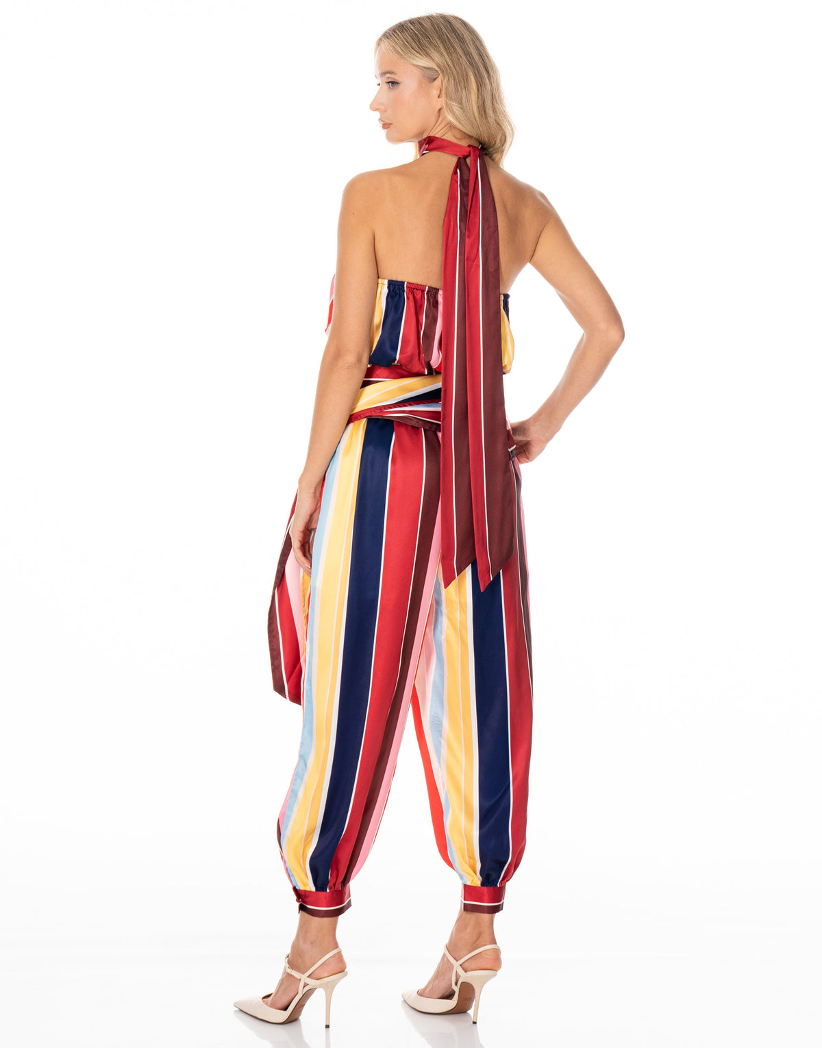 Striped Satin Halter Bandana Set - Red