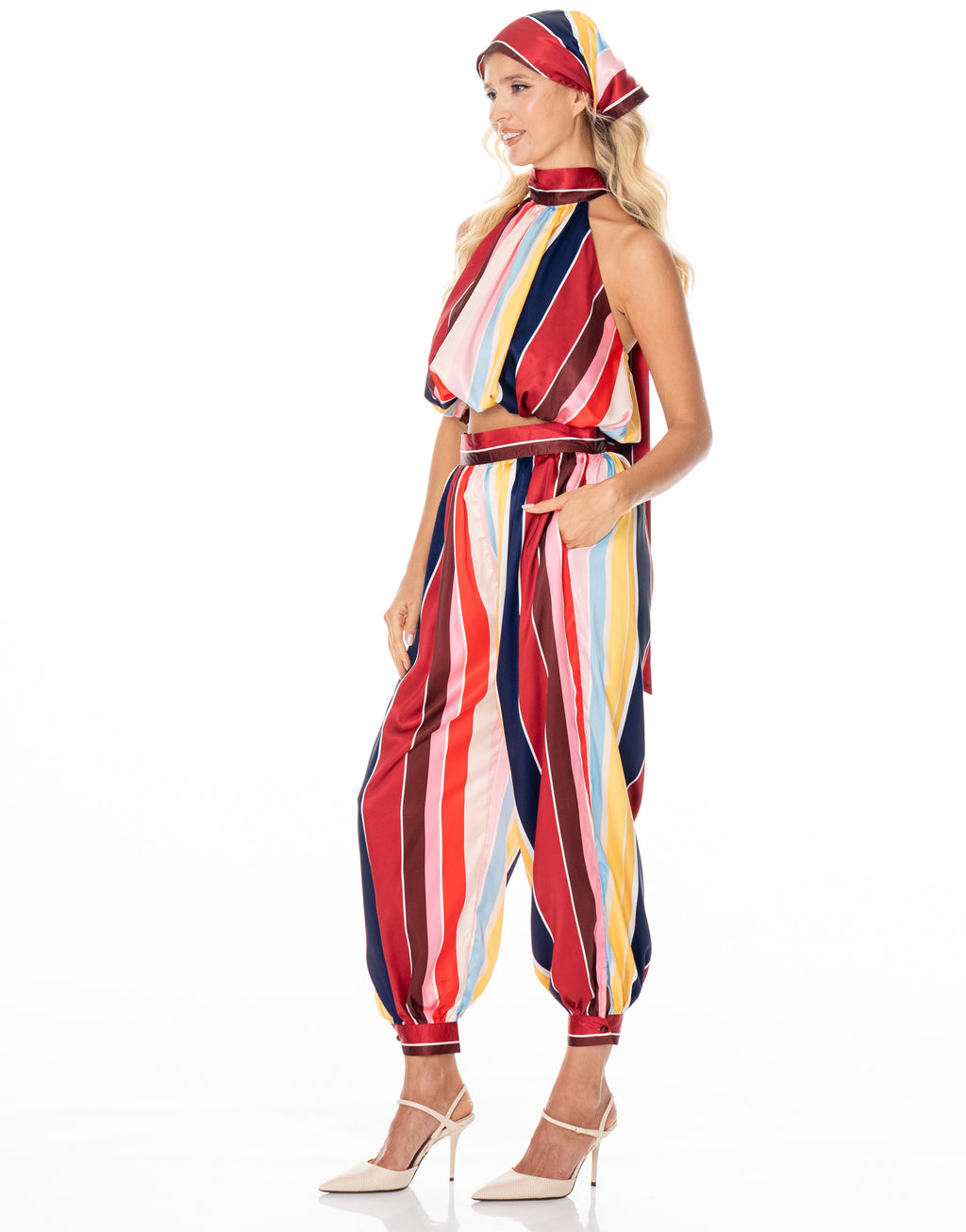 Striped Satin Halter Bandana Set - Red