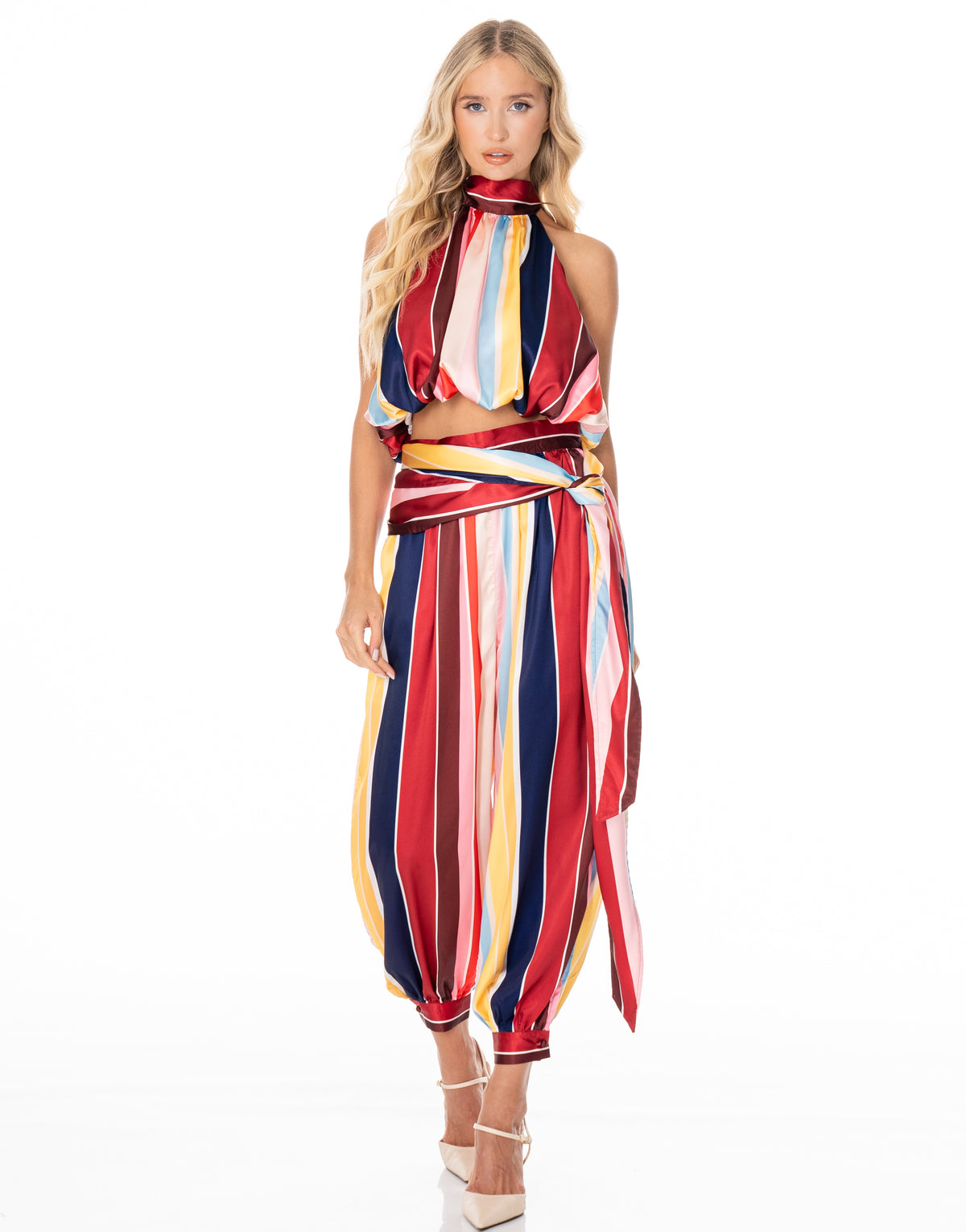Striped Satin Halter Bandana Set - Red