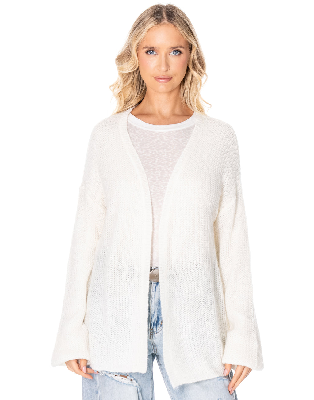 Open Front Knit Cardigan - White