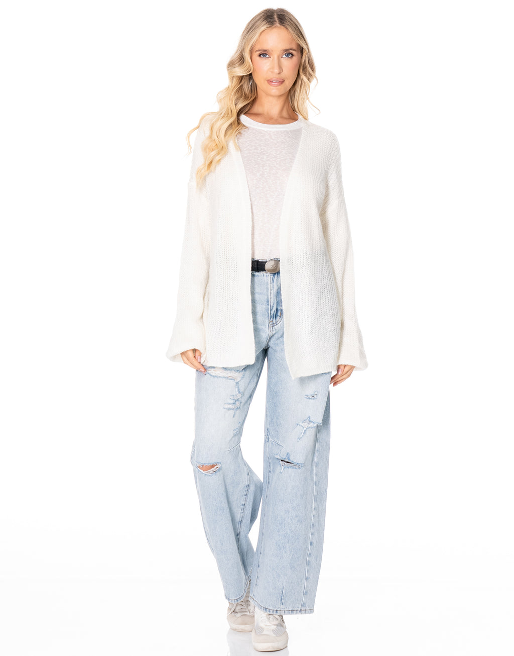 Open Front Knit Cardigan - White