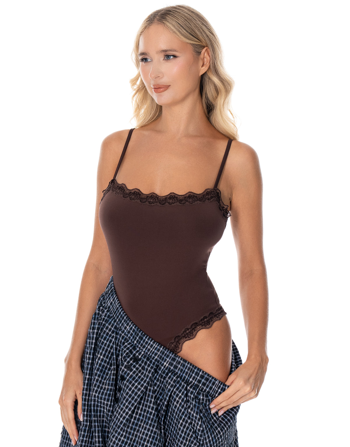 Lace Trim Cami Bodysuit - Coffee