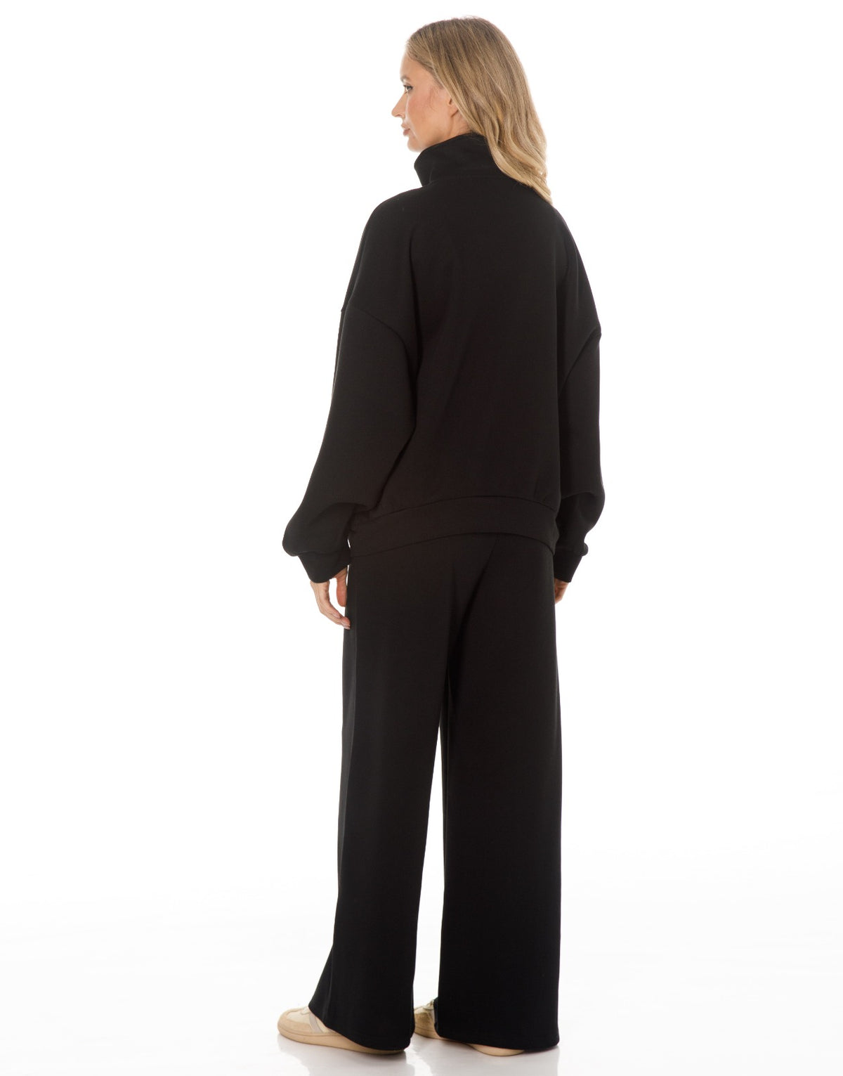 Military Button Zip Jacket and Wide Leg Pants Set - Black