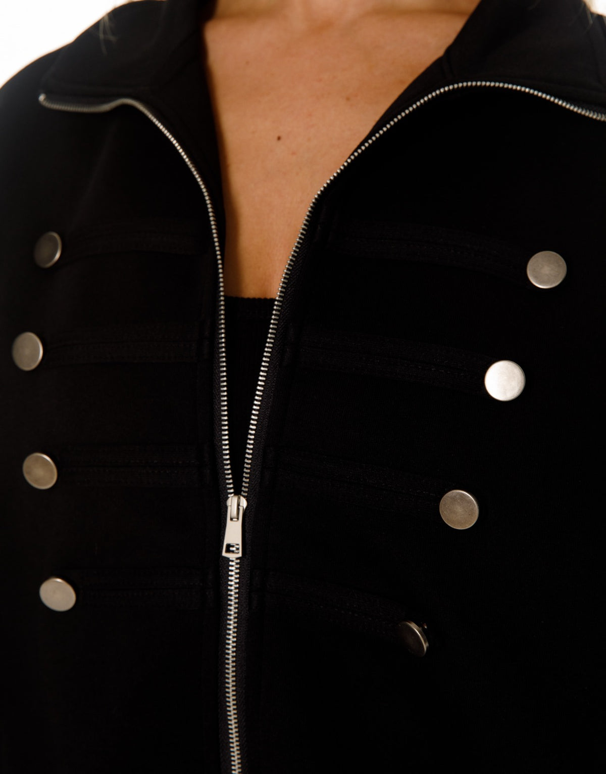 Military Button Zip Jacket and Wide Leg Pants Set - Black