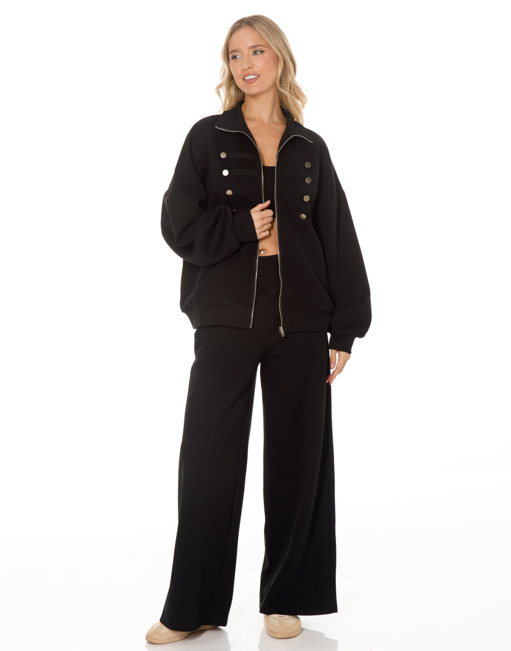 Military Button Zip Jacket and Wide Leg Pants Set - Black
