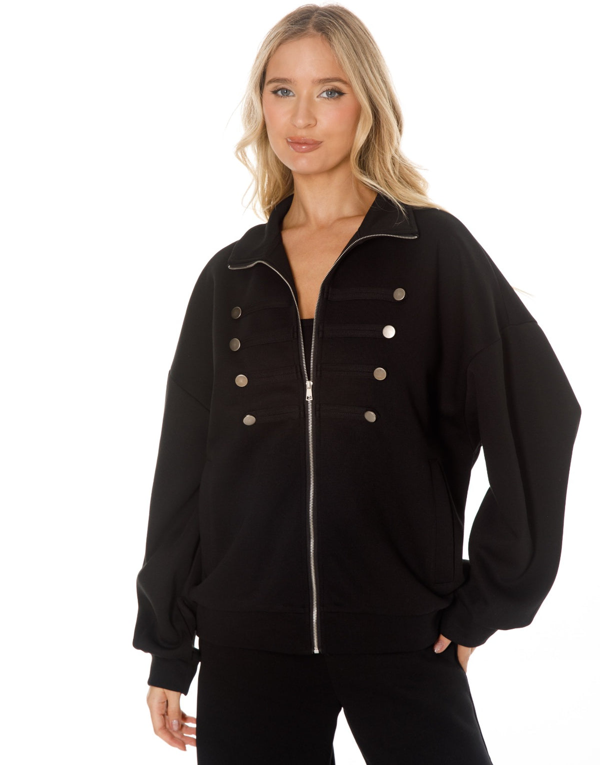 Military Button Zip Jacket and Wide Leg Pants Set - Black
