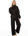 Military Button Zip Jacket and Wide Leg Pants Set - Black