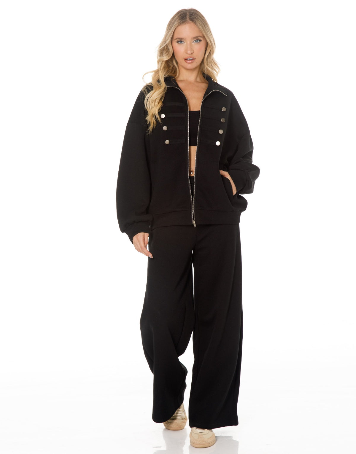 Military Button Zip Jacket and Wide Leg Pants Set - Black
