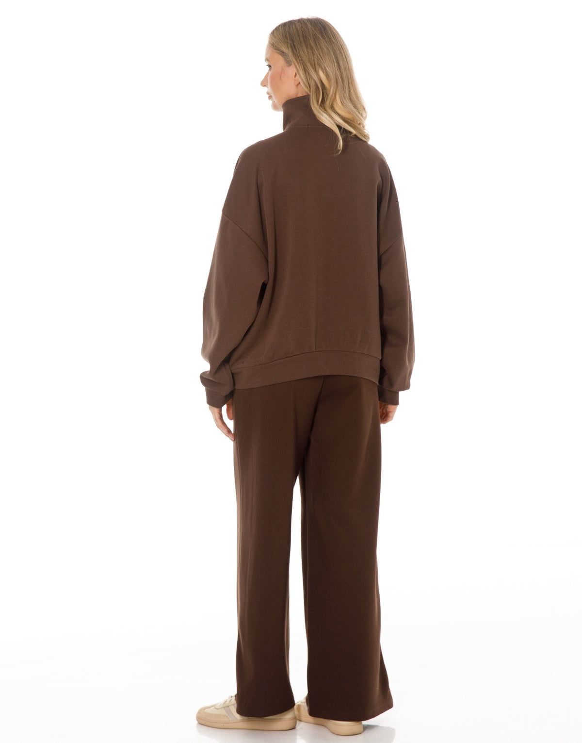 Military Button Zip Jacket and Wide Leg Pants Set - Coffee