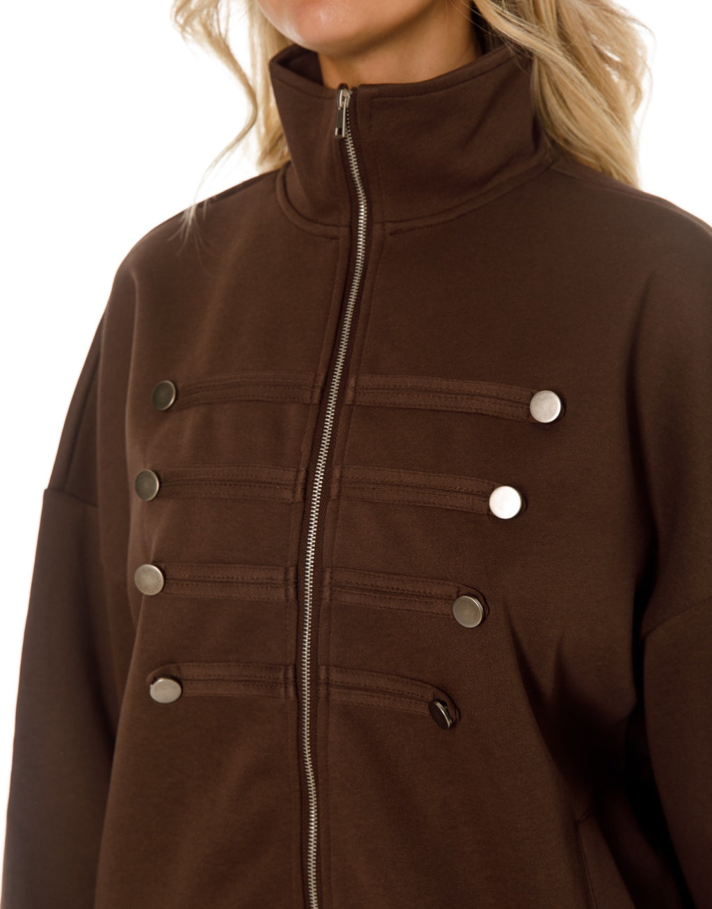 Military Button Zip Jacket and Wide Leg Pants Set - Coffee