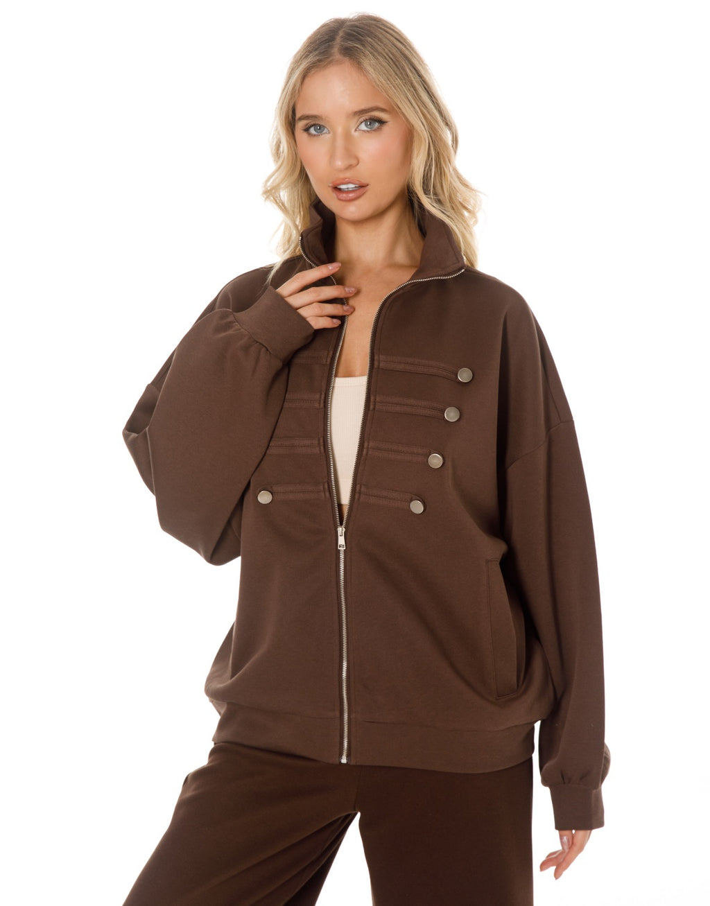 Military Button Zip Jacket and Wide Leg Pants Set - Coffee