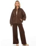 Military Button Zip Jacket and Wide Leg Pants Set - Coffee