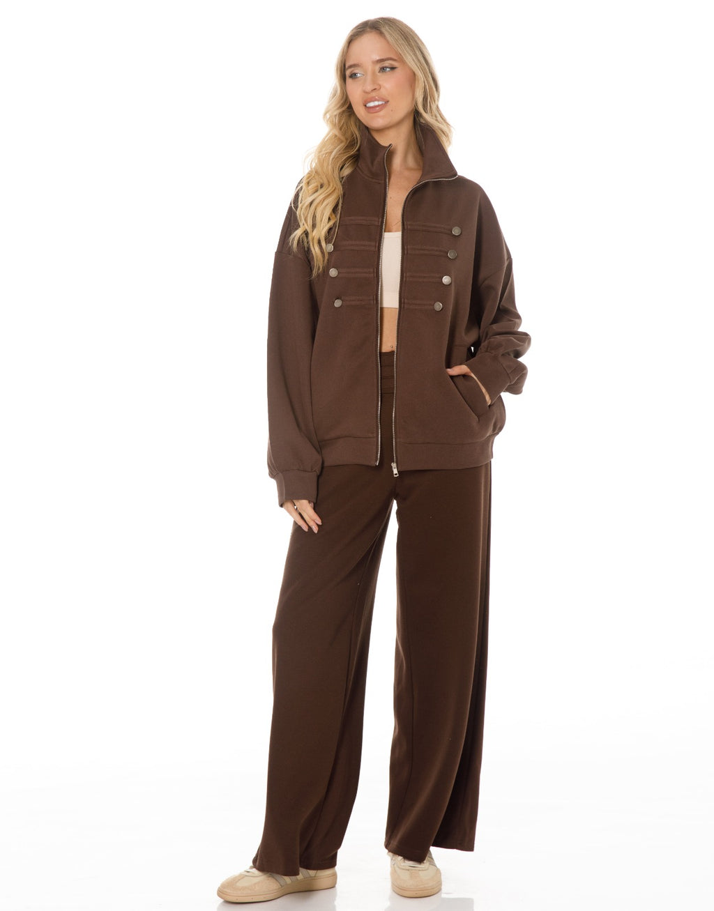 Military Button Zip Jacket and Wide Leg Pants Set - Coffee