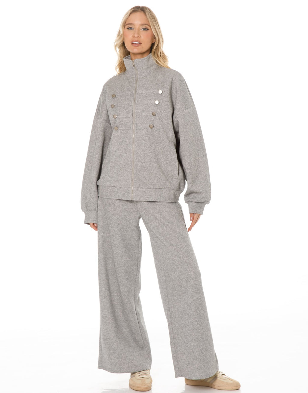 Military Button Zip Jacket and Wide Leg Pants Set - Light Grey