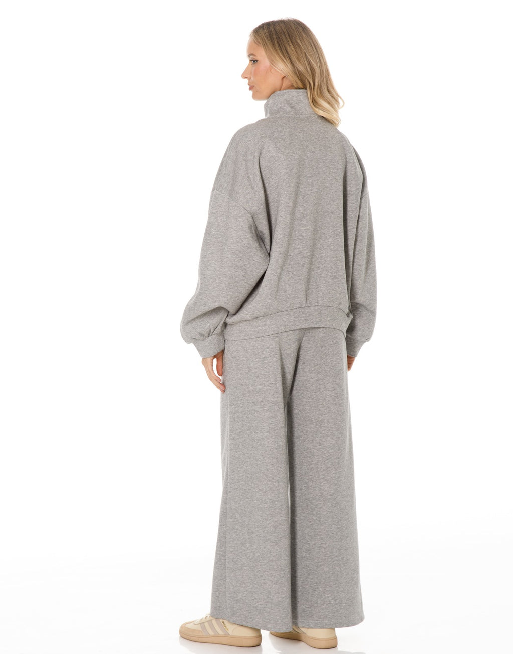 Military Button Zip Jacket and Wide Leg Pants Set - Light Grey