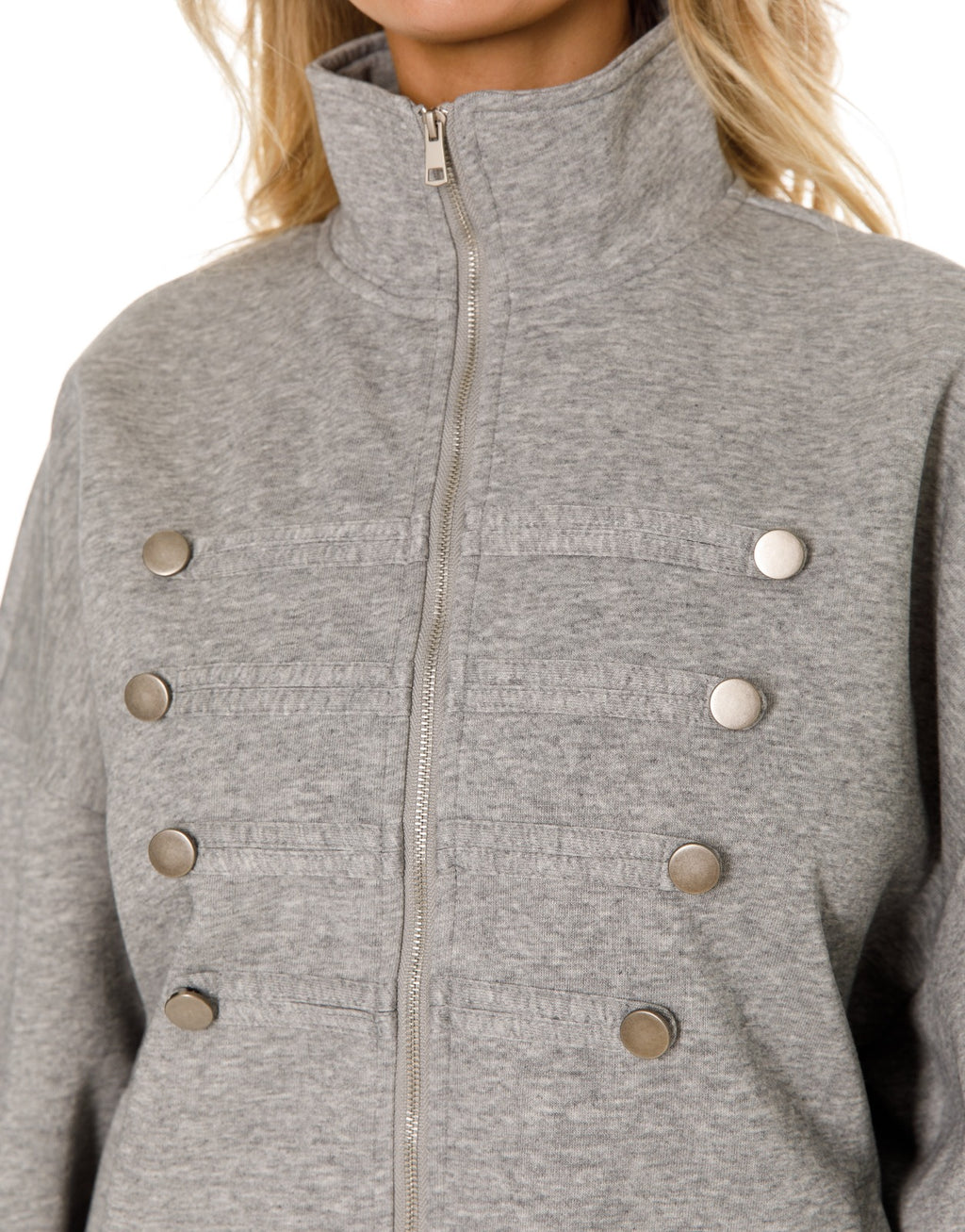 Military Button Zip Jacket and Wide Leg Pants Set - Light Grey
