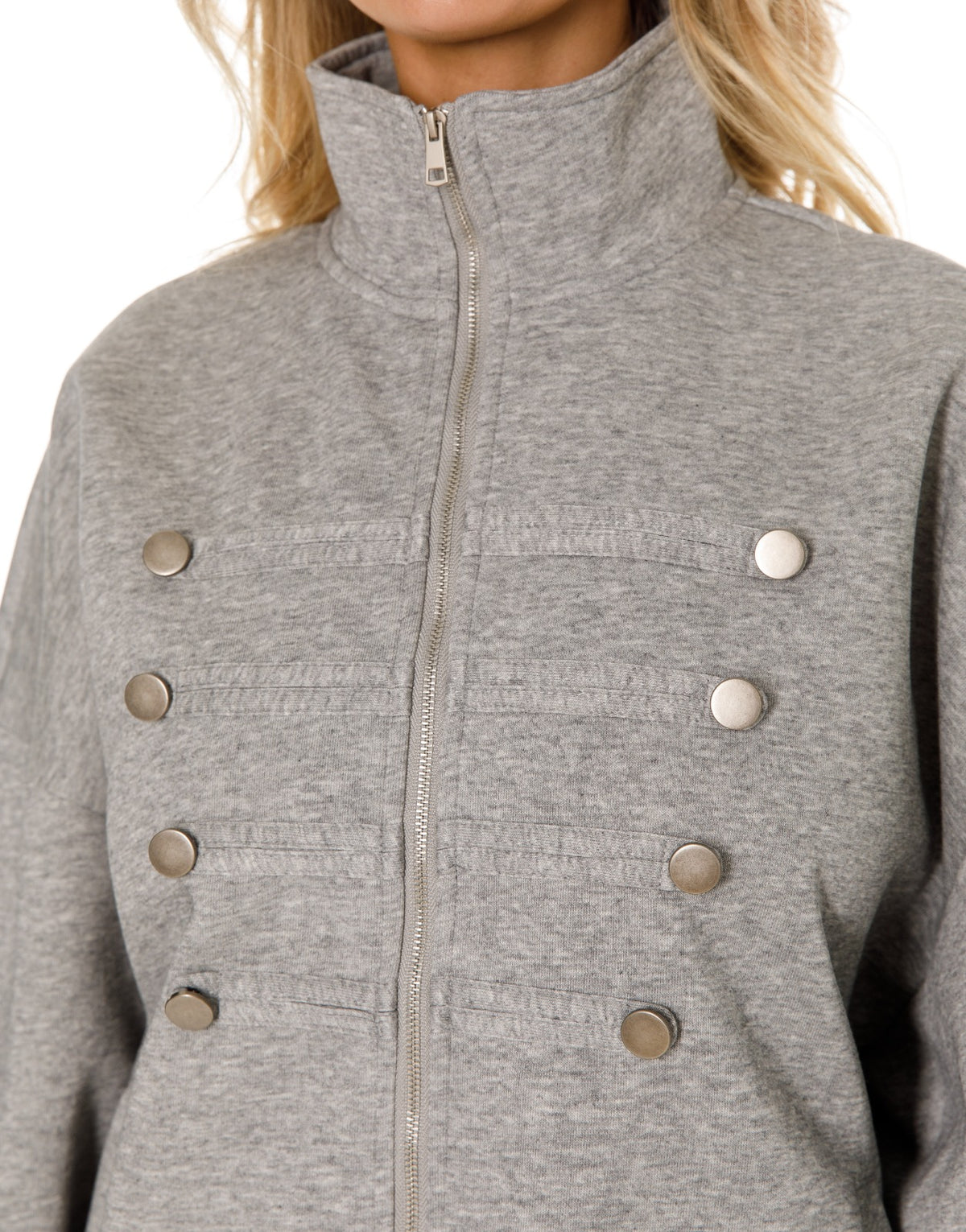 Military Button Zip Jacket and Wide Leg Pants Set - Light Grey
