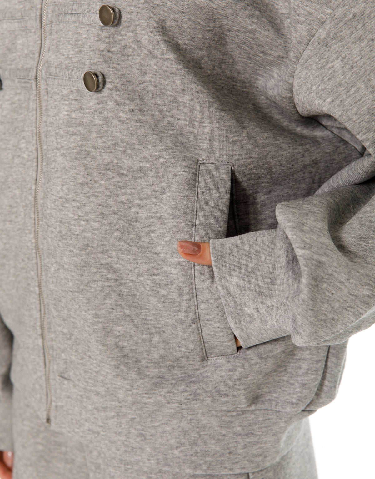 Military Button Zip Jacket and Wide Leg Pants Set - Light Grey