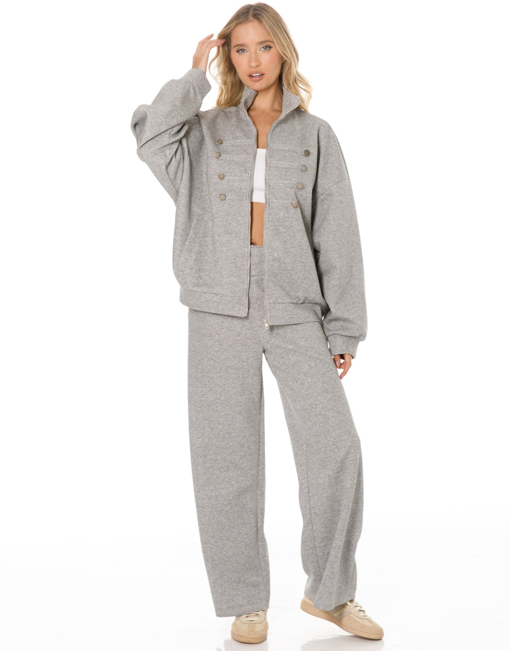 Military Button Zip Jacket and Wide Leg Pants Set - Light Grey