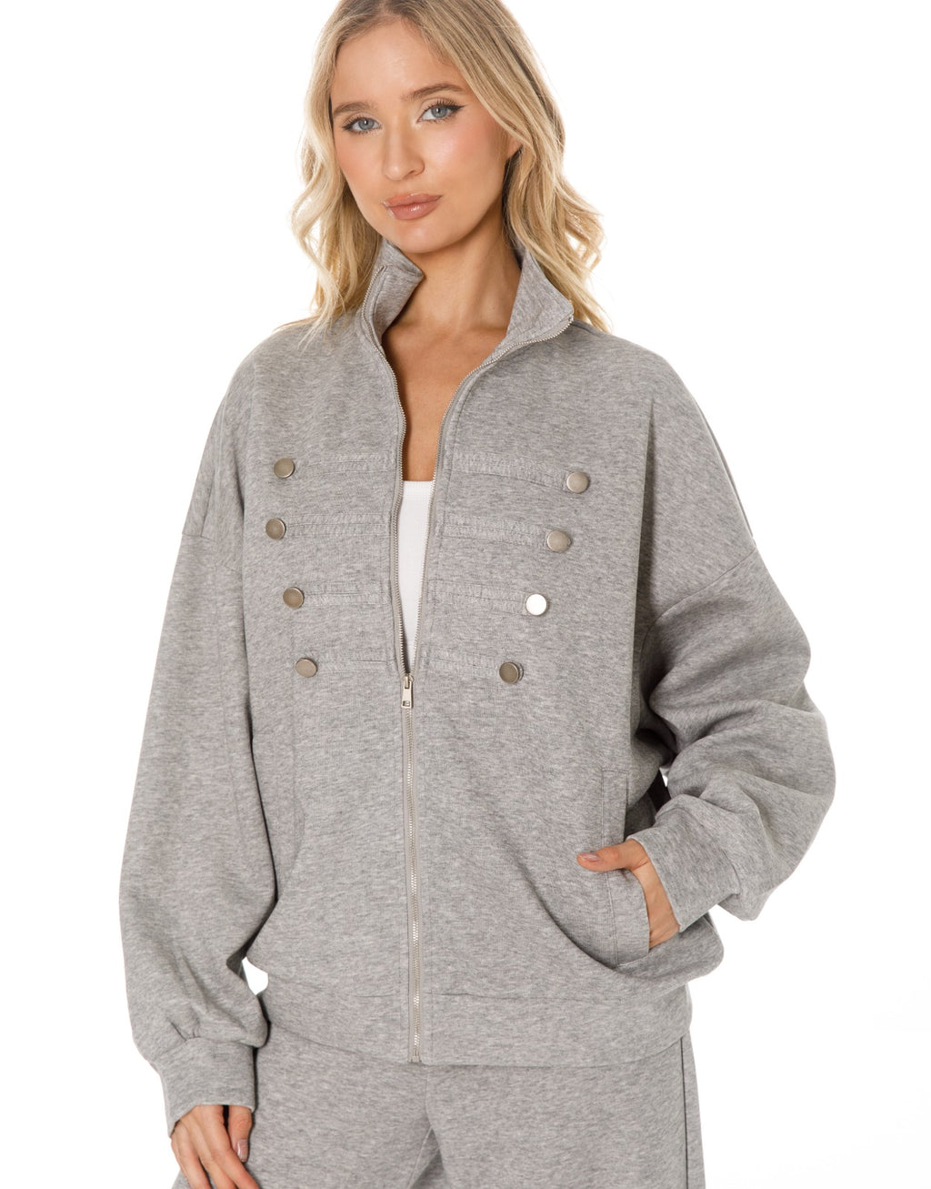 Military Button Zip Jacket and Wide Leg Pants Set - Light Grey
