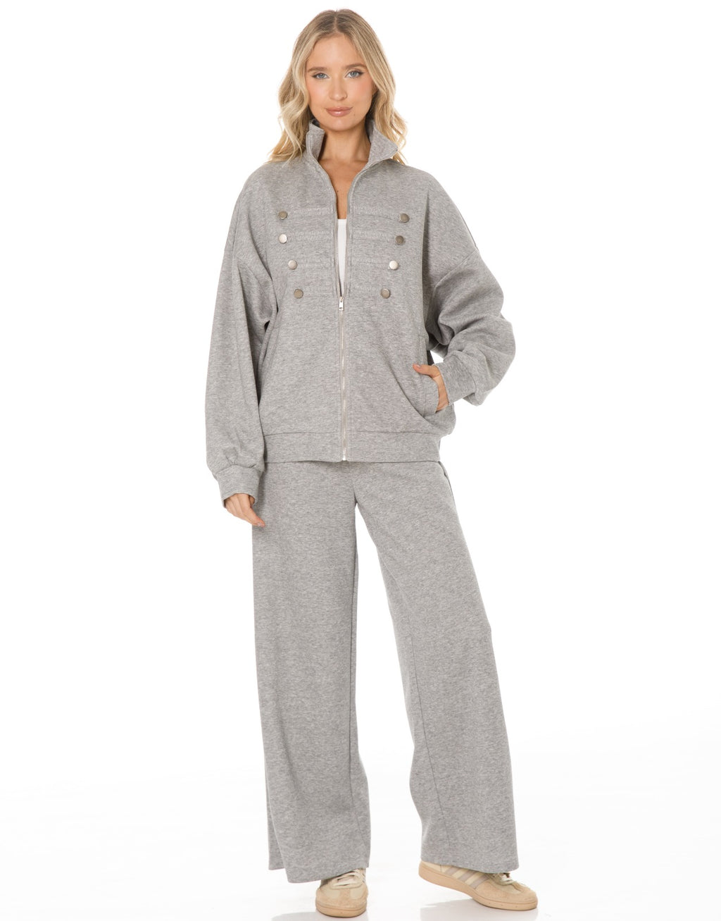 Military Button Zip Jacket and Wide Leg Pants Set - Light Grey