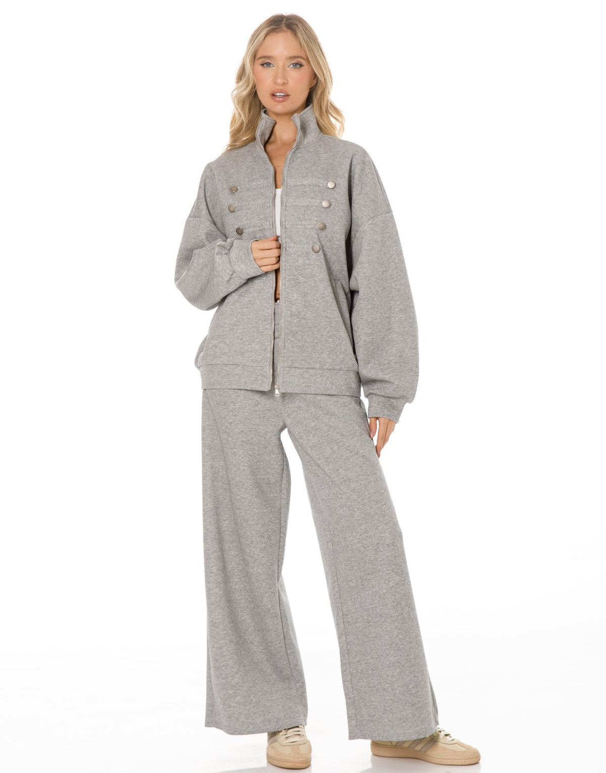 Military Button Zip Jacket and Wide Leg Pants Set - Light Grey