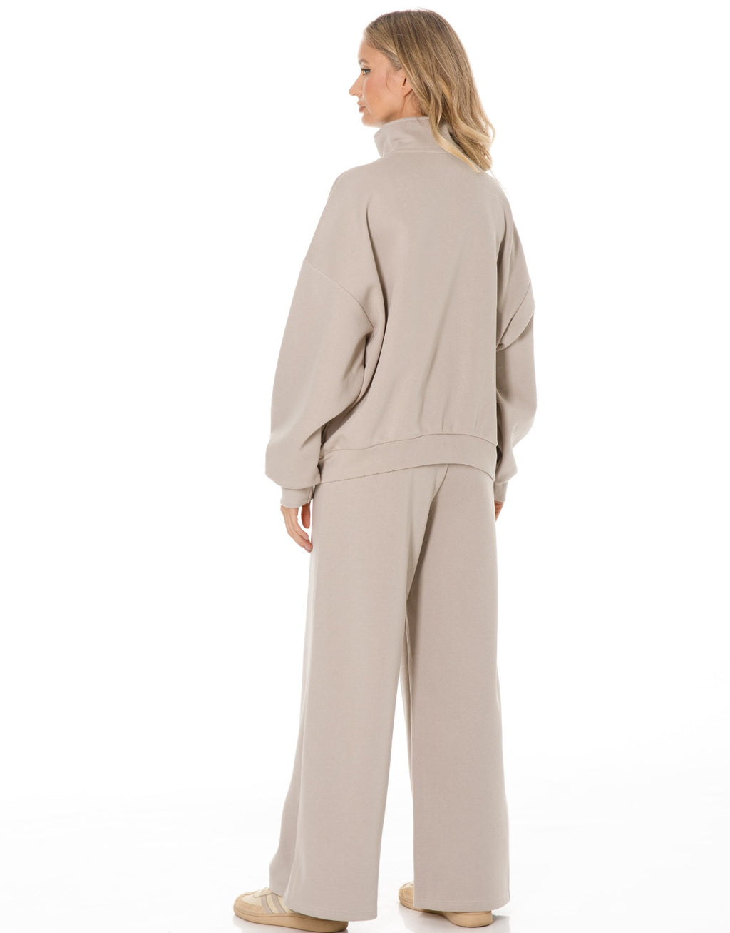Military Button Zip Jacket and Wide Leg Pants Set - Oatmeal