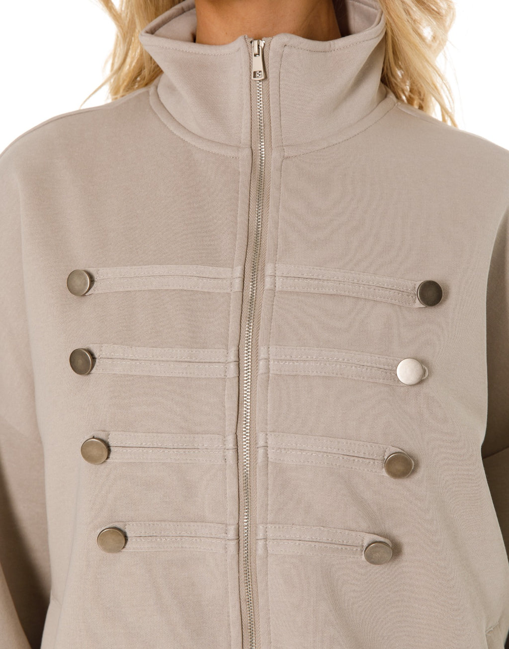 Military Button Zip Jacket and Wide Leg Pants Set - Oatmeal