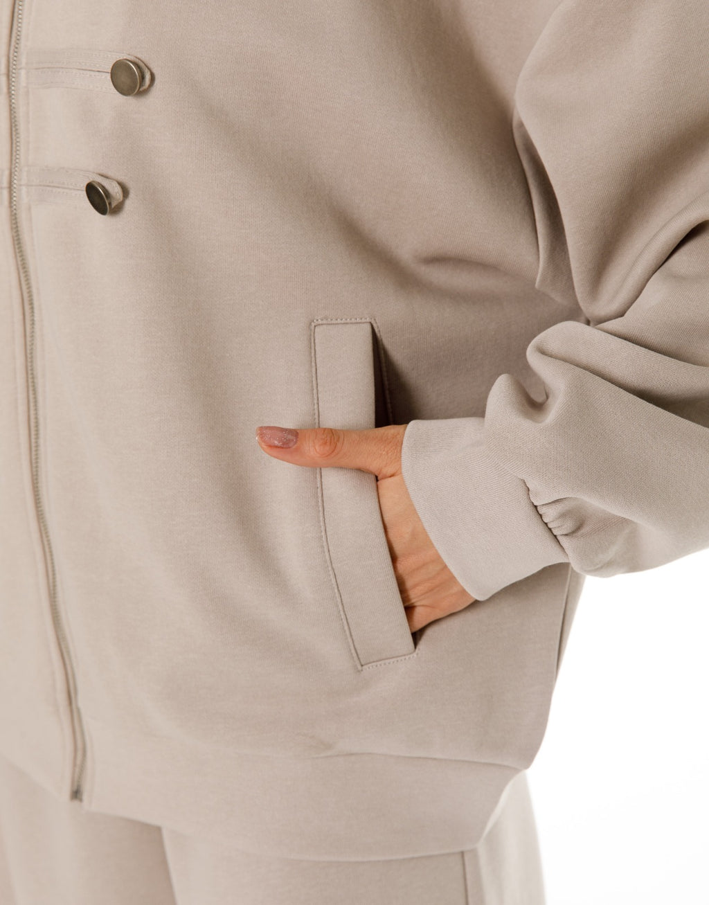 Military Button Zip Jacket and Wide Leg Pants Set - Oatmeal