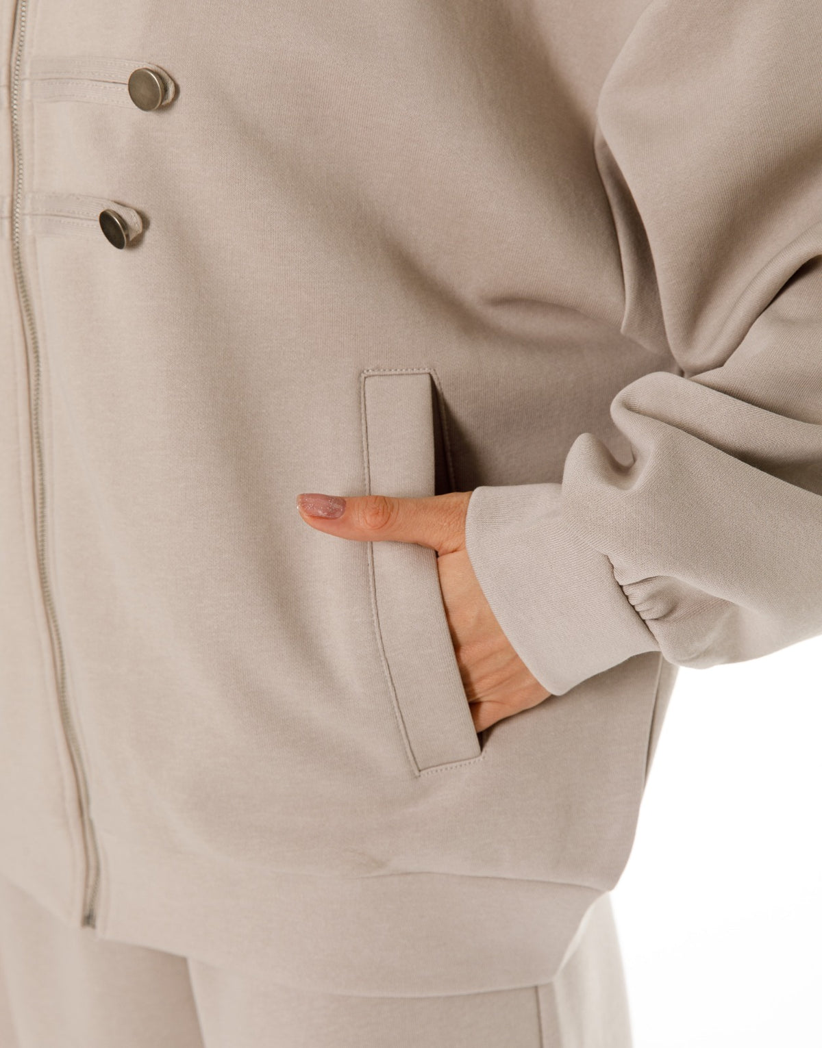Military Button Zip Jacket and Wide Leg Pants Set - Oatmeal