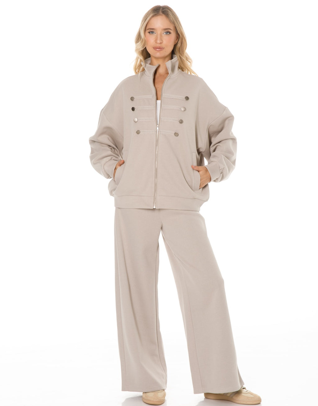 Military Button Zip Jacket and Wide Leg Pants Set - Oatmeal