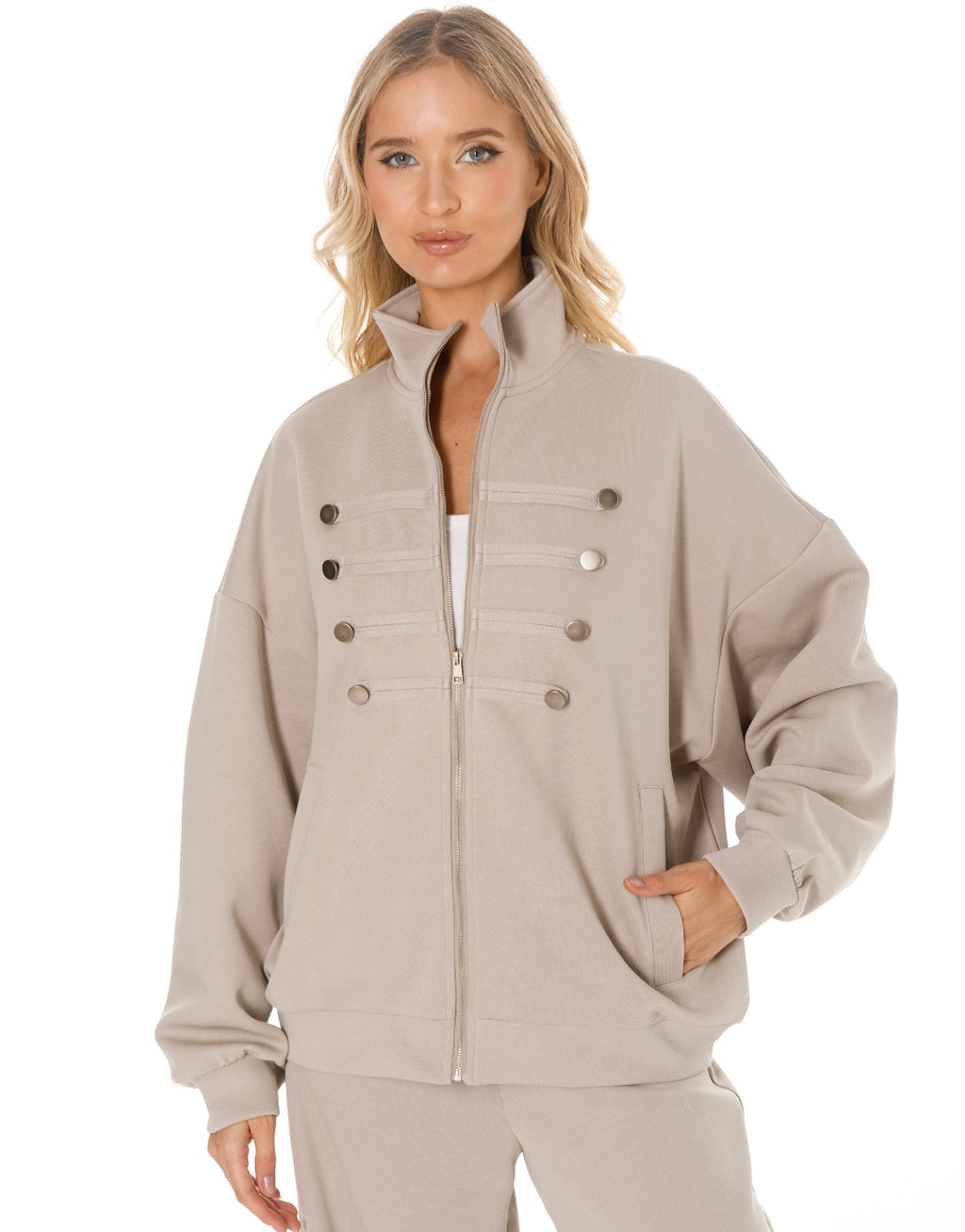 Military Button Zip Jacket and Wide Leg Pants Set - Oatmeal