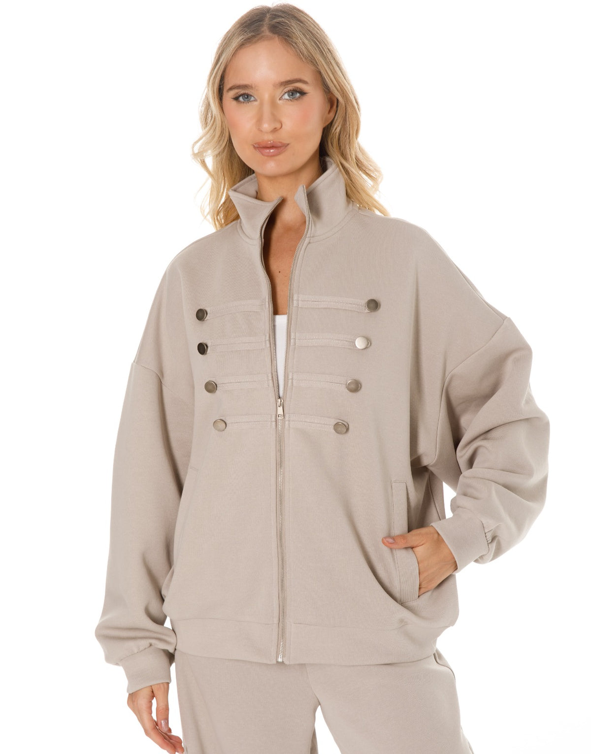 Military Button Zip Jacket and Wide Leg Pants Set - Oatmeal