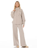 Military Button Zip Jacket and Wide Leg Pants Set - Oatmeal