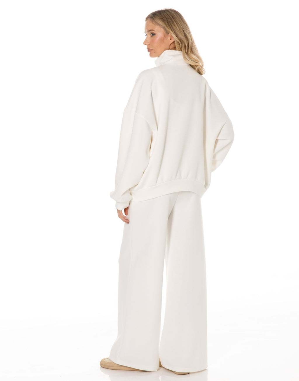 Military Button Zip Jacket and Wide Leg Pants Set - White