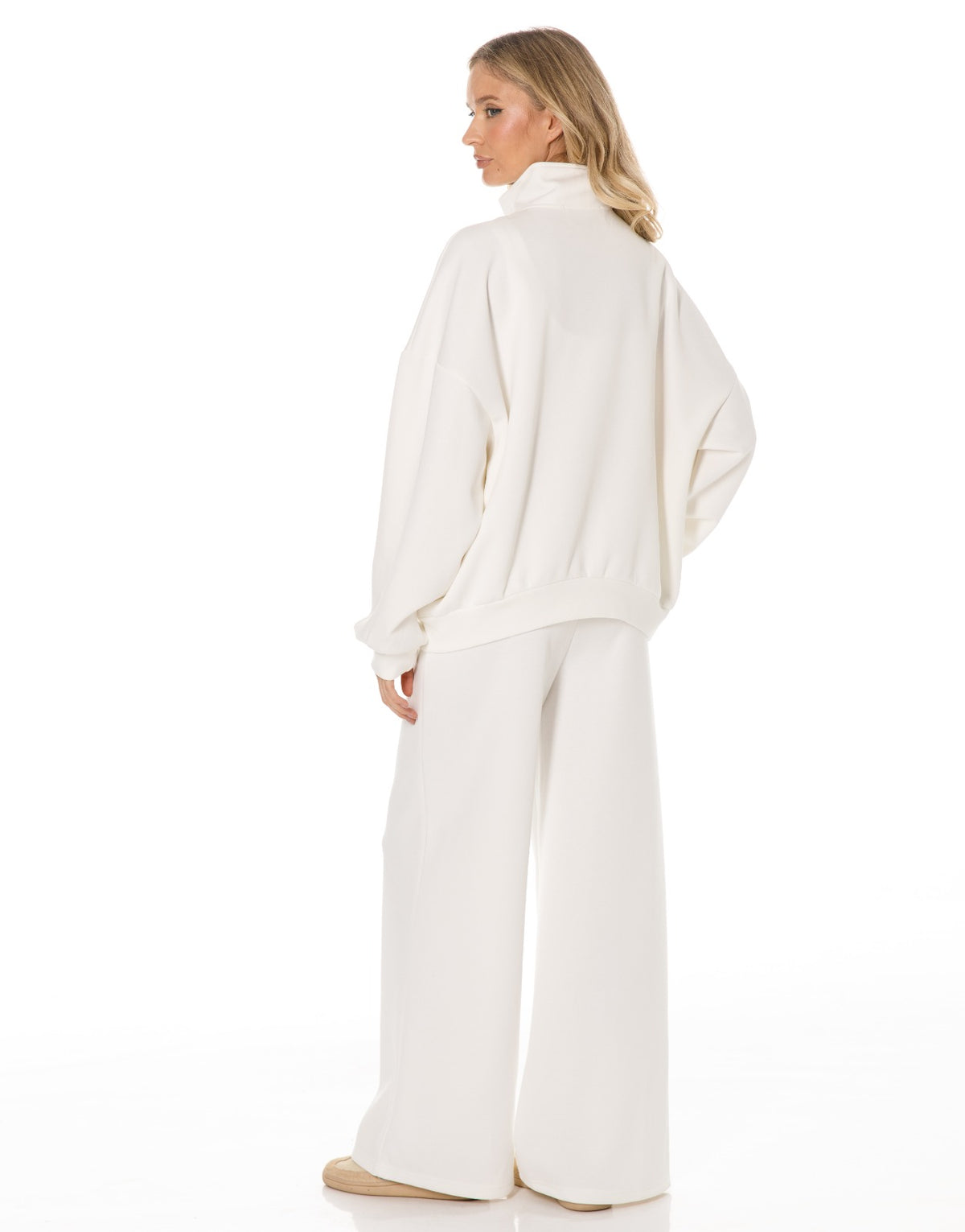 Military Button Zip Jacket and Wide Leg Pants Set - White