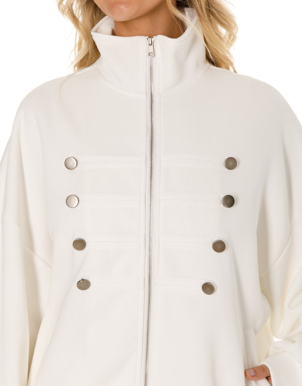 Military Button Zip Jacket and Wide Leg Pants Set - White