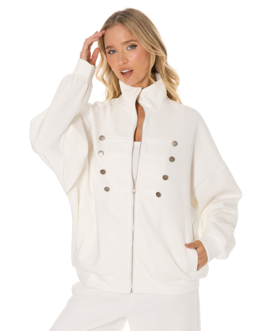 Military Button Zip Jacket and Wide Leg Pants Set - White