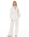 Military Button Zip Jacket and Wide Leg Pants Set - White