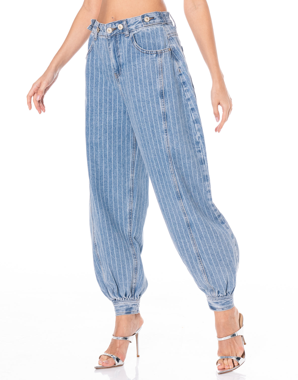 Pinstripe Denim Balloon Jeans - Blue