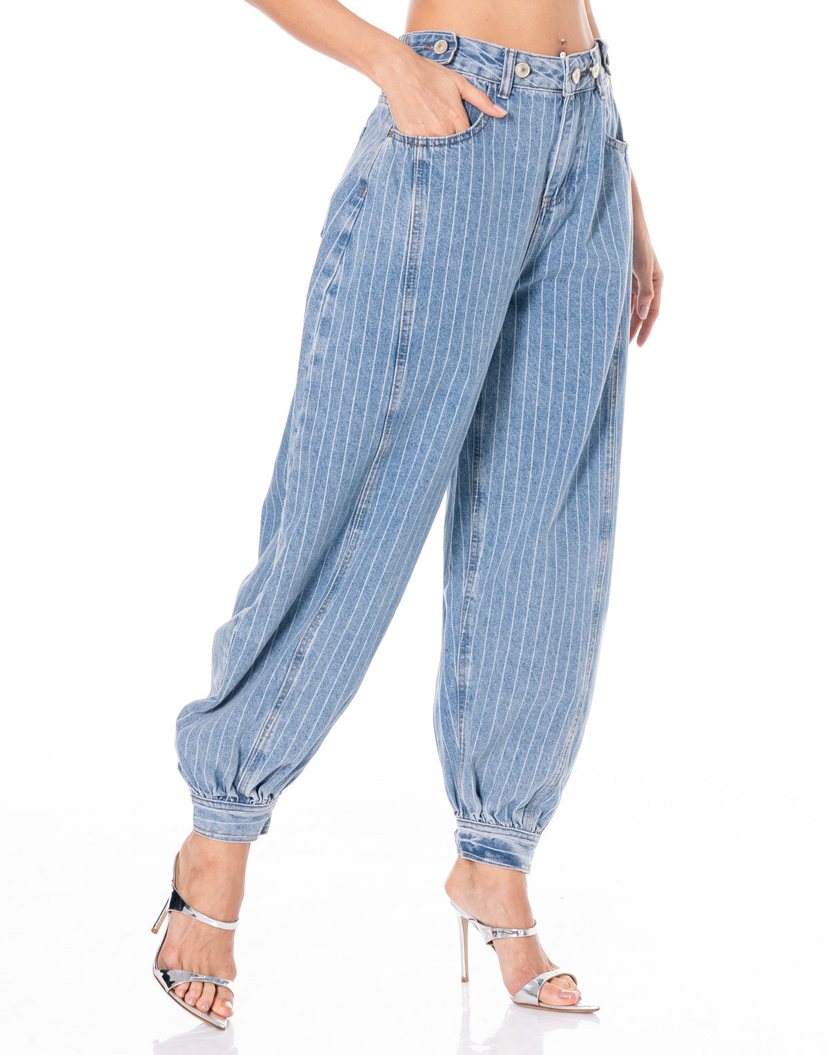 Pinstripe Denim Balloon Jeans - Blue