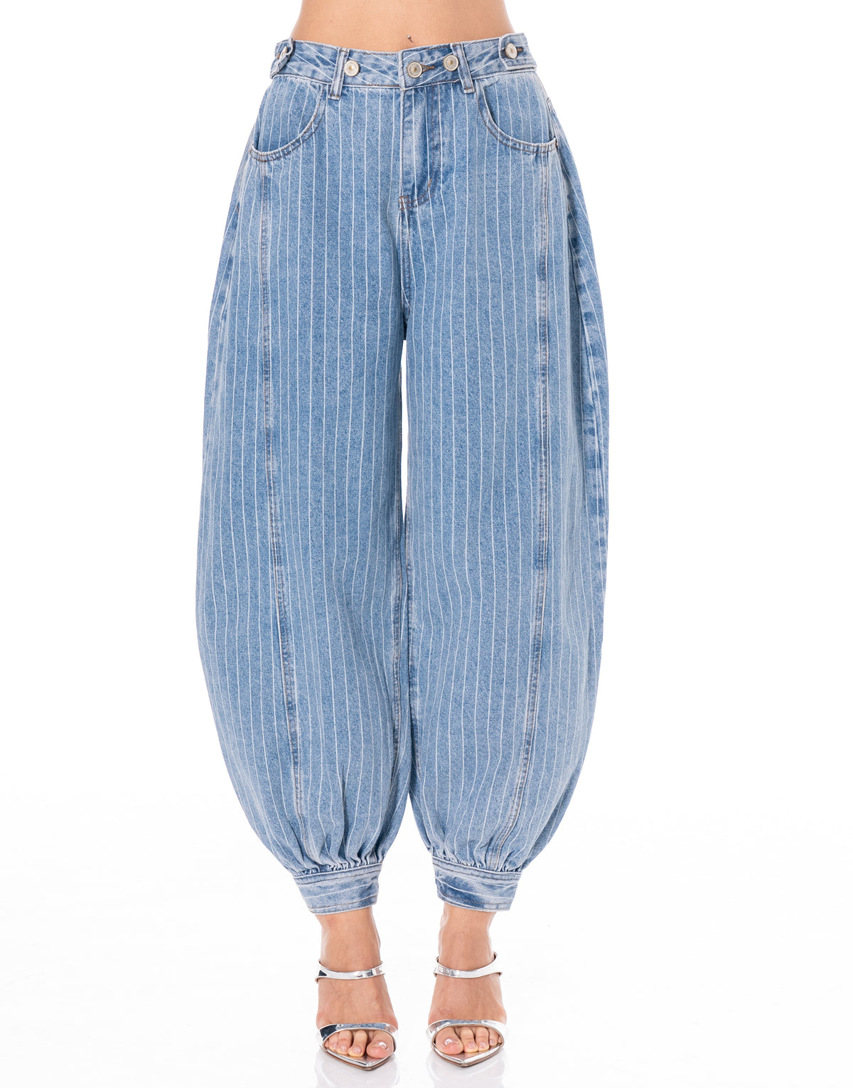 Pinstripe Denim Balloon Jeans - Blue