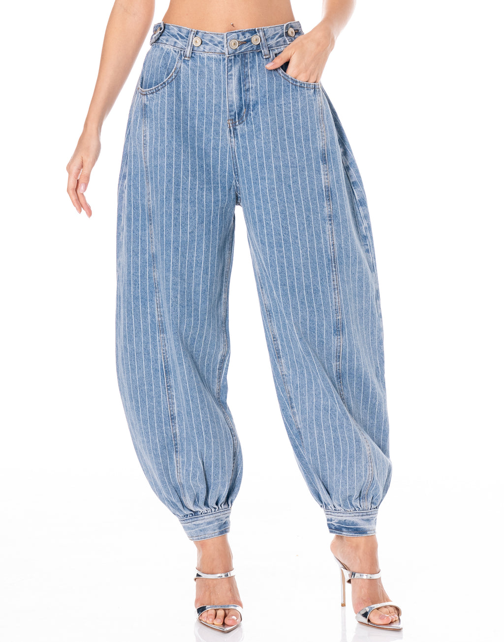 Pinstripe Denim Balloon Jeans - Blue